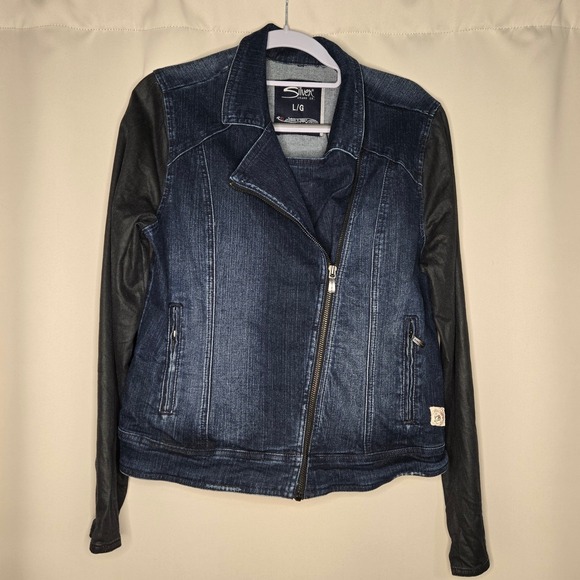 Silver Jeans Co Denim‎ Moto Jacket Faux Leather Sleeves Womens Large - Picture 1 of 8